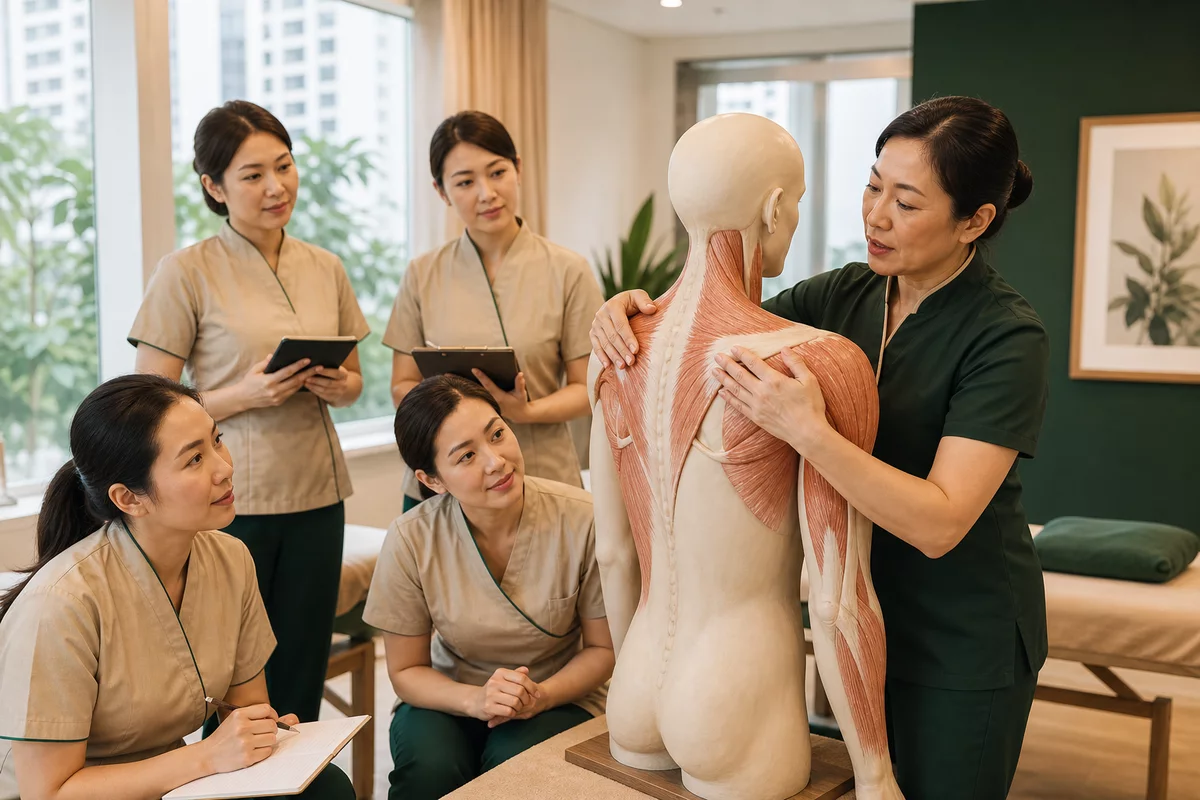 Adult Singapore massage therapists attending professional practical training