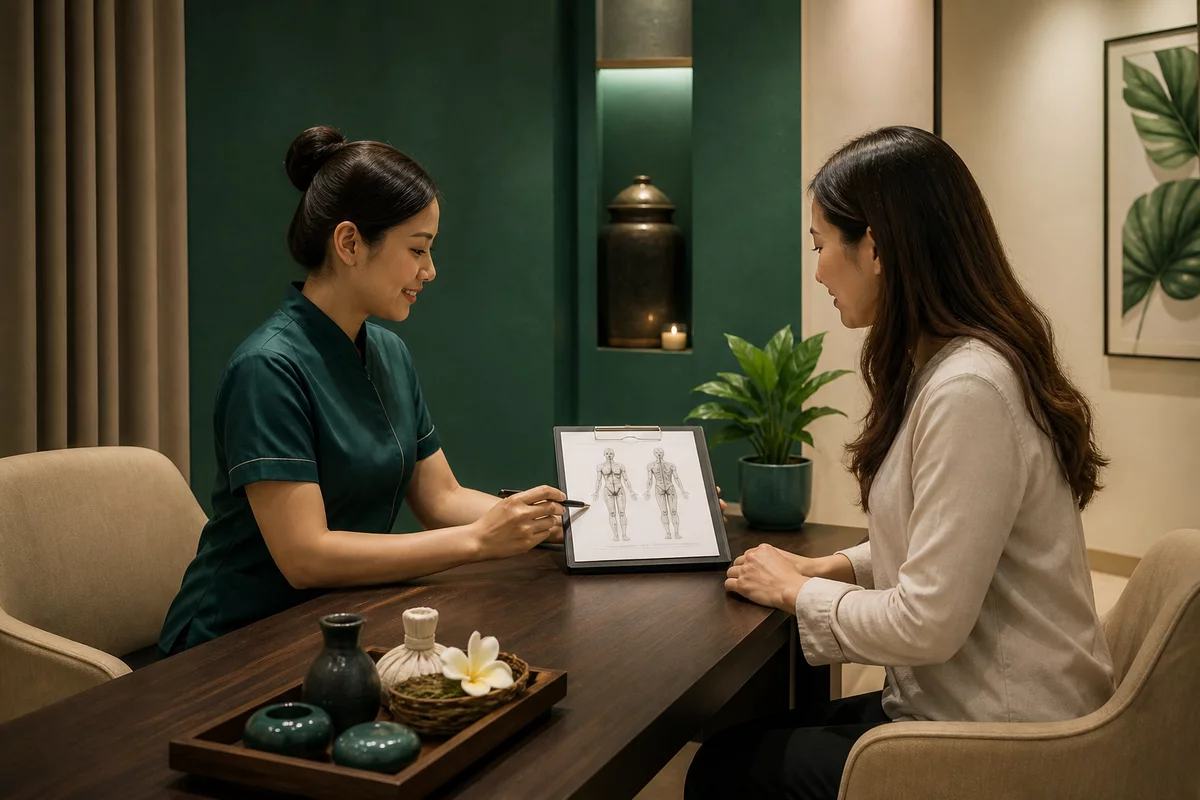 Professional Singapore massage consultation between an adult therapist and client