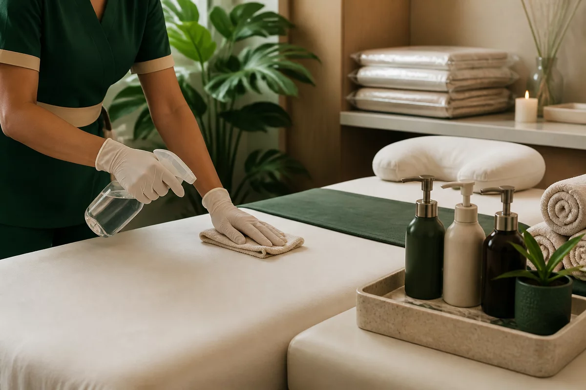 Massage hygiene protocol with clean linens and sanitised treatment equipment in Singapore