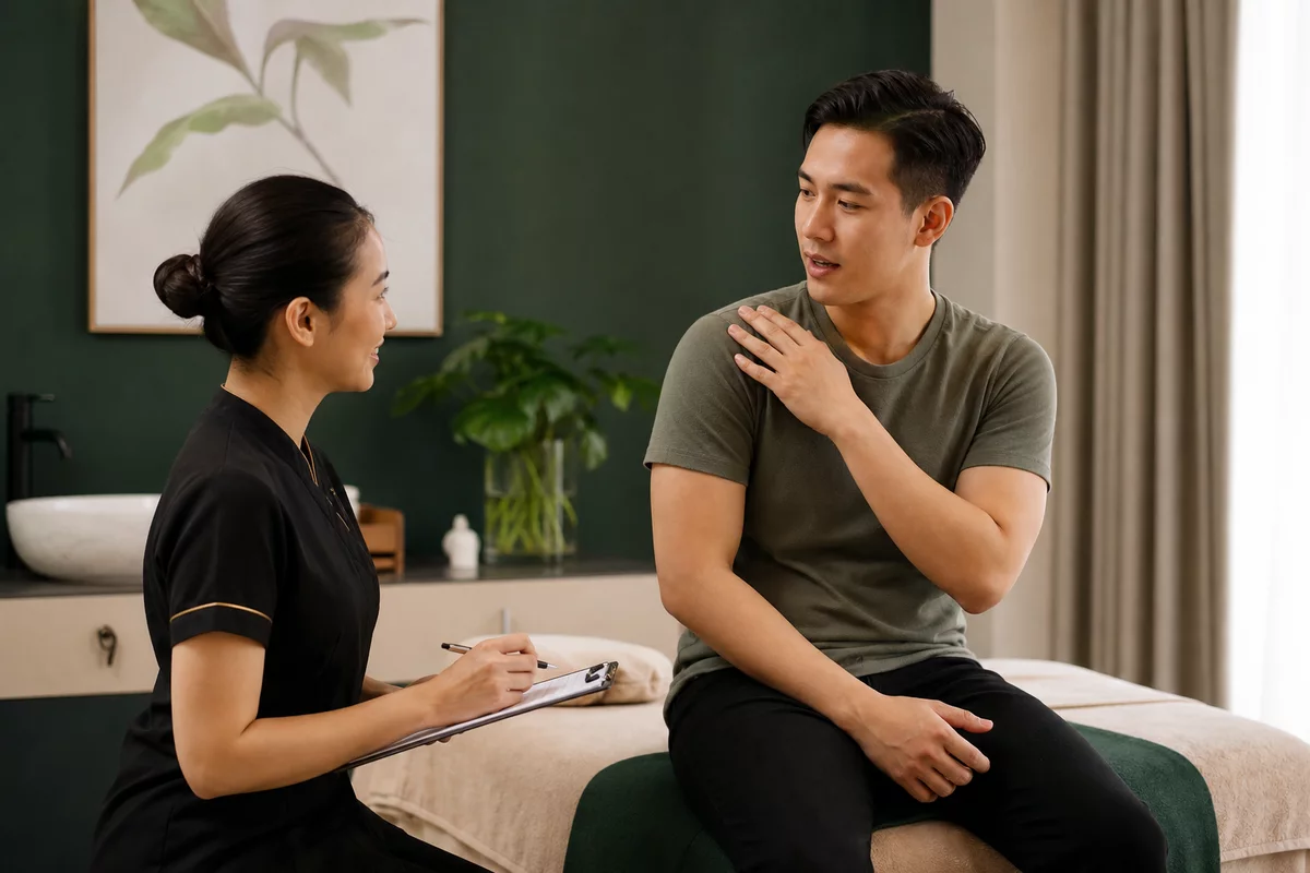 Adult client communicating massage pressure preference to a professional therapist