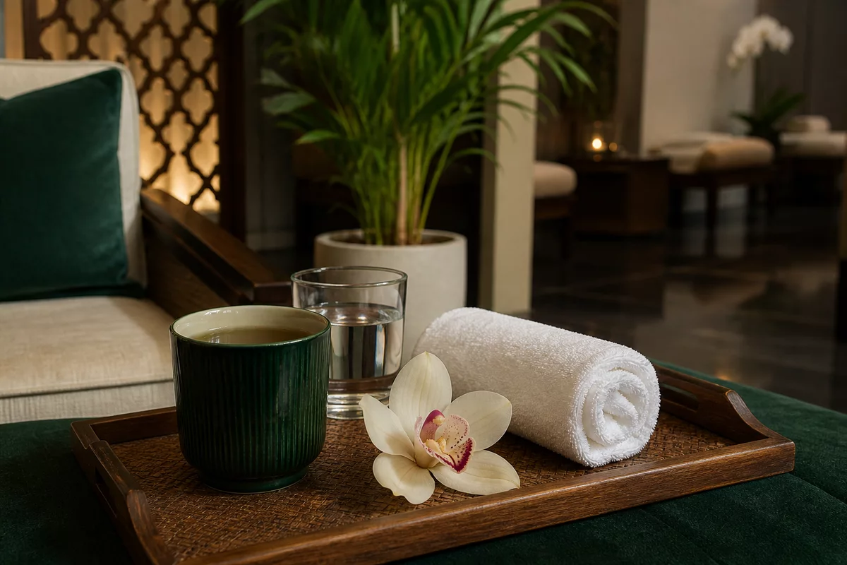 Post massage aftercare with herbal tea, water and fresh towel in a Singapore spa