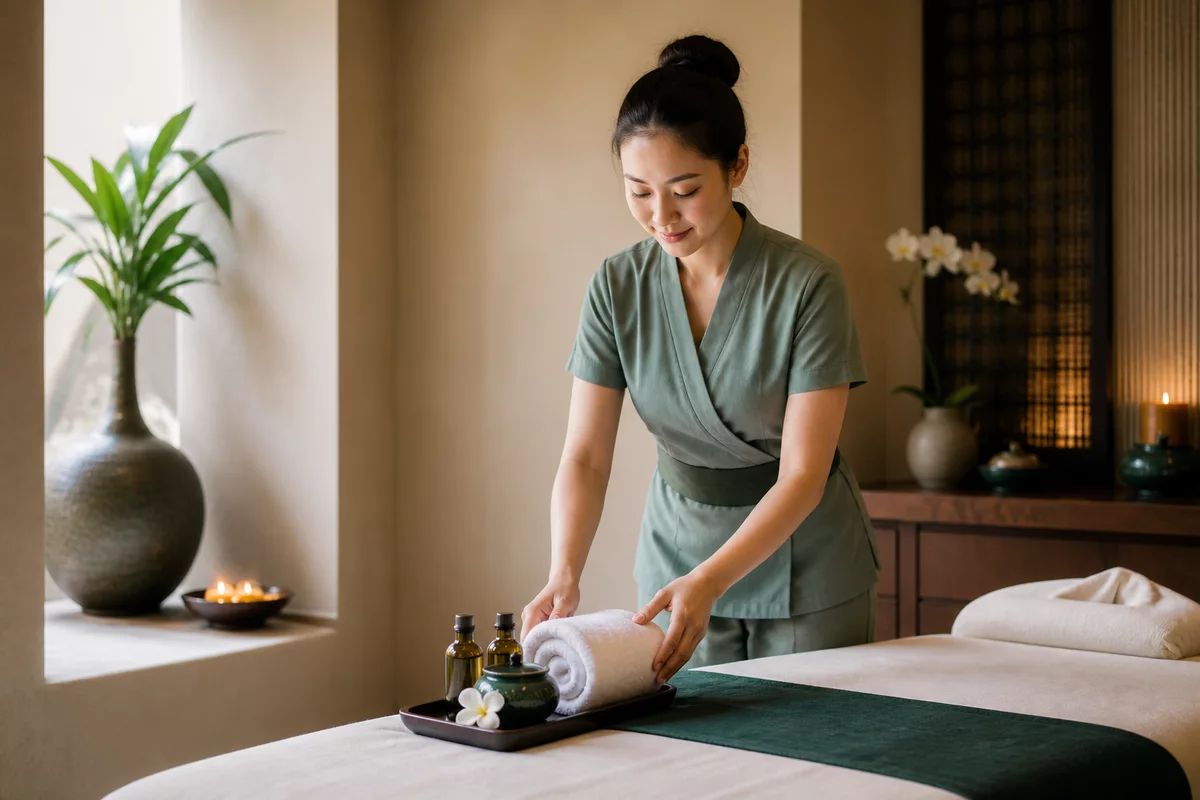 Professional adult Singapore massage therapist preparing clean towels in a spa