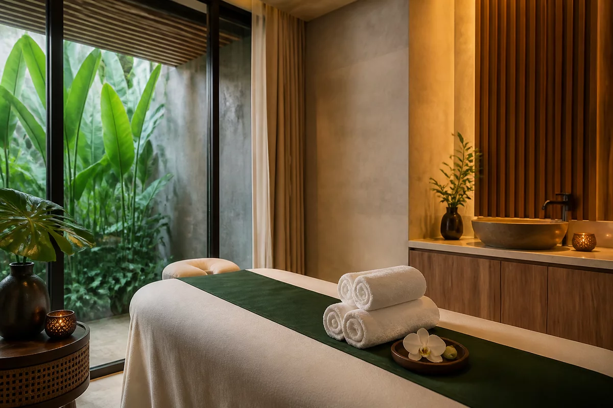 Professional Singapore massage treatment room prepared with fresh towels and a massage table